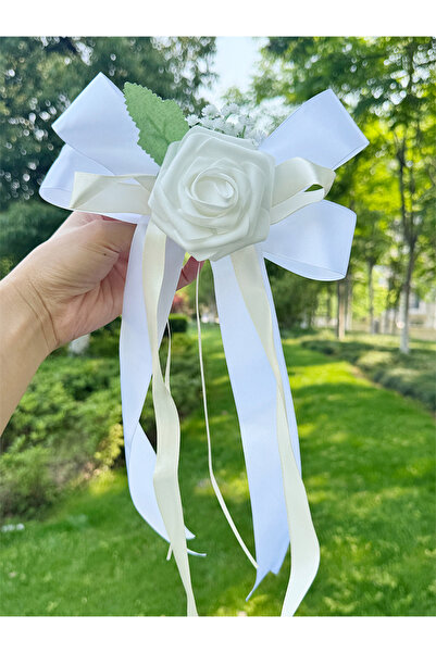 Choice4 White Elegant White Rose Satin Bow Car Mirror Decor, Artificial Flowe...