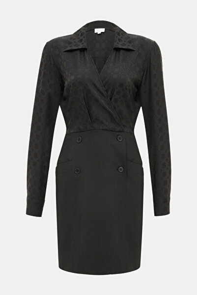 W Collection SİYAH MİNİ JAKARLI KRUVAZE YAKA ELBİSE