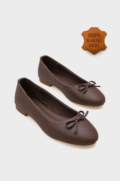 Capone Outfitters Genuine Leather Bow Round Toe Skin Brown Women's Ballerinas