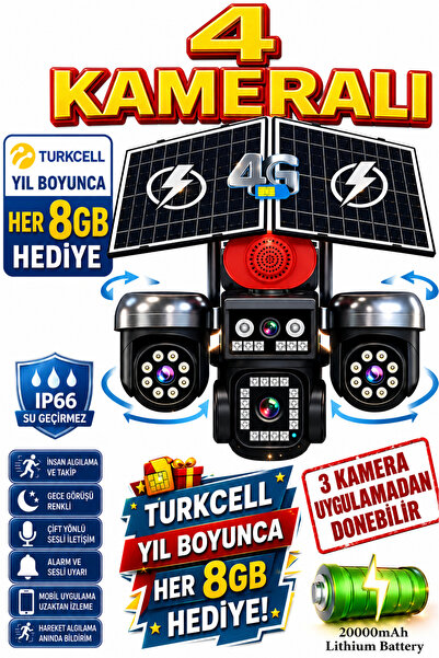 TRCharger 4 Kameralı 3 Kamera Telefondan Dönebilir Solar Güvenlik Kamera AOV ...