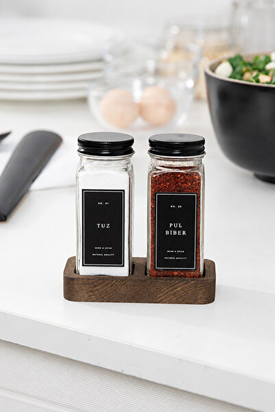 Mienda Home 2-Piece Glass Salt and Pepper Shakers with Wooden Stand Black