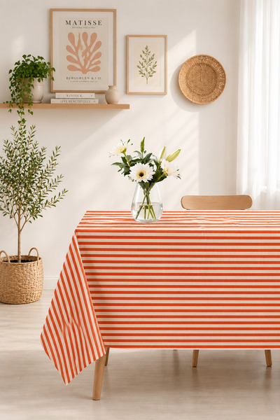 KaiHome Turuncu Çizgili Keten Masa Örtüsü Modern Dekoratif Yemek Masası Örtüsü