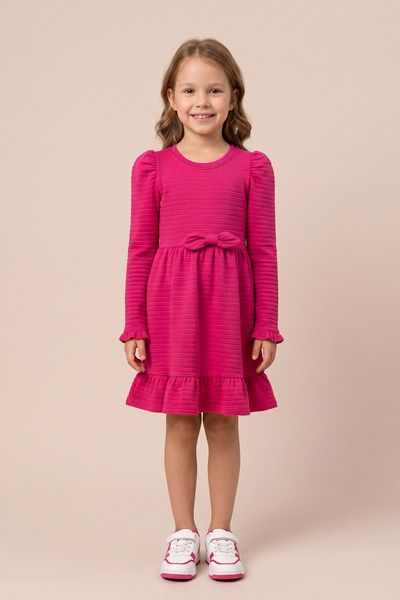 CRASSİ Girl's Dress Long Sleeve Bowknot Lycra Crinkle Fabric