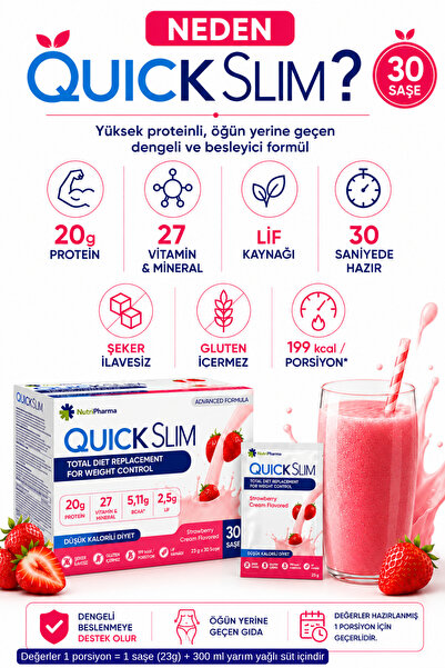 NUTRIPHARMA Quıck Slim Öğün Yerine Geçen Shake - Çilek Aromalı Öğün Tozu - Protein Shaker Hediye - 30 Saşe