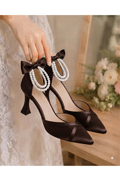Famels 7 cm Heeled Shoes, Brown Color, Satin Evening Dress Shoes with Pearls ...