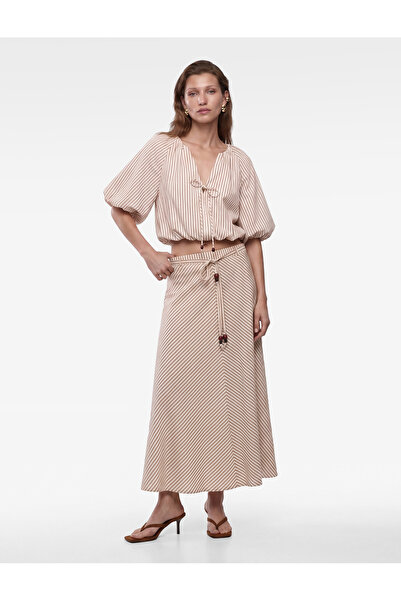 Koton X Melis Ağazat - Viscose Blend Striped Midi Skirt with Tie Belt and Poc...