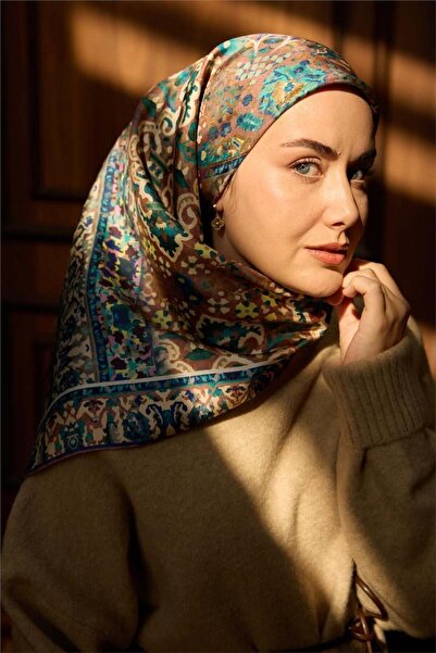 Silk Home Twill İpek Eşarp Gül Kurusu-Mavi Desenli Kaymaz Tok Duruşlu 90x90