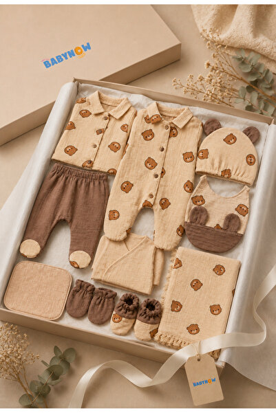 flandoly Teddy Bear Patterned 10-Piece Muslin Hospital-Issued Baby Boy Set – ...
