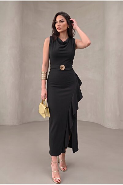 ALFUDO Moda Collection Kruvaze Yaka Kadın Volanlı Yırtmaçlı Kare Taş Kemerli Siyah Düğün ve Nişan Abiye Elbise