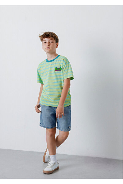 Mavi Μπλουζάκι για αγόρια με πράσινο αυτοκόλλητο και ριγέ σχέδιο Arca T-shirt