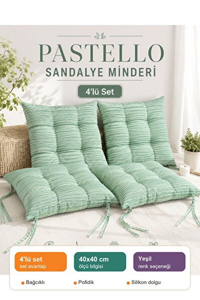 UYKUPEREST Pastello 4'lü Sandalye Minderi 40x40 Bağcıklı Pofidik Silikon Dolg...