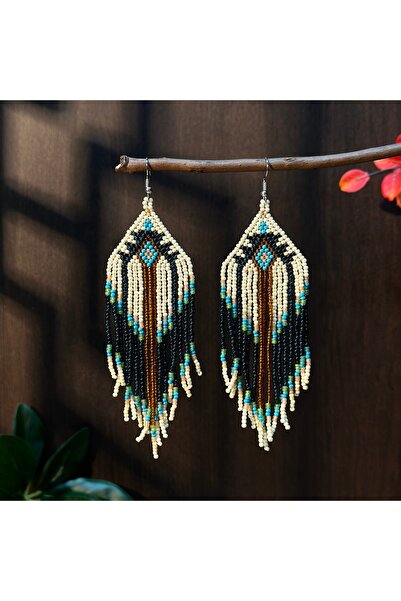 Choice Blue Zinc Bohemian style long tassels, handmade beaded earrings, seed ...