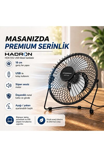 HADRON HDX7252 USB Metal Vantilatör 18 cm Siyah Beyaz