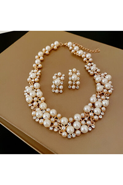 Choice set 1 3 Pcs Rhinestone Pearl Rectangular Earrings Necklace Set Two-pie...