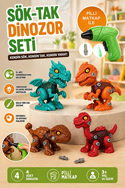 Toyaş Sök Tak 4'lü 12cm Dinozor Oyuncak Seti Vidalı Montajlı Eğitici Oyuncak ...