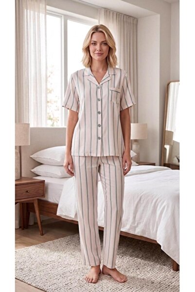 seamlife 8620 Green Striped Woven Button-Down Shirt Pajama Set
