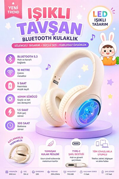 kawigo Işıklı Tavşan Bluetooth Kulaklık LED Tasarım Kablosuz Kulaklık Çocuk K...