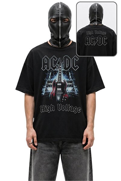 Fuddy Moda Unisex Oversize μπλουζάκι με στάμπα AC-DC High Voltage Guitar, με ...