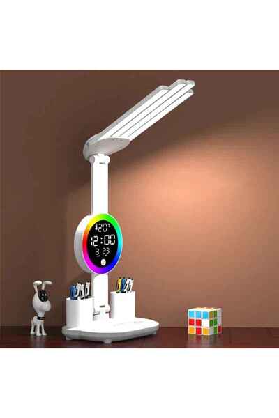Monozone RGB Şarjlı LED Masa Lambası Fanlı 4Başlı Lamba RGB Saat Ekranlı Kısı...