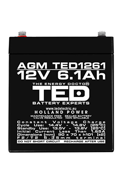 TED Electric Acumulator Stationar AGM VRLA Etans 12V 6.1A F2 T2, Dimensiuni 90mm x 70mm x h101mm,