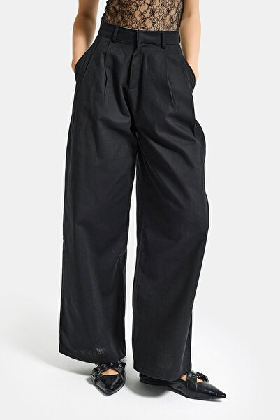 it's basic Γυναικείο μαύρο παντελόνι Palazzo Fit με ψηλή μέση από βιολογικό λινό