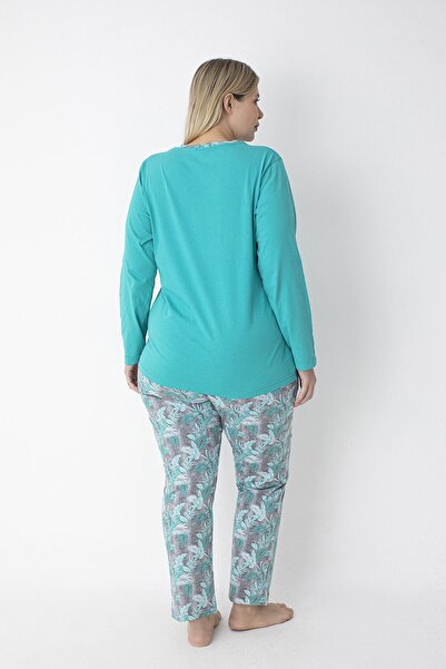 SENFONİ Yeşil Patlı Çiçek Desenli Büyük Beden Pamuklu Pijama Takımı – %100 Pamuk