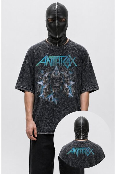 Fuddy Moda Unisex Oversize Anthrax με στάμπα στο πίσω μέρος, πλενόμενο vintag...