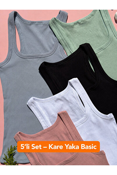 LEYNA BUTİK Γυναικείο Σετ Αθλητικών Μπλουζών 5 τεμαχίων με Τετράγωνο Λαιμόκοψ...