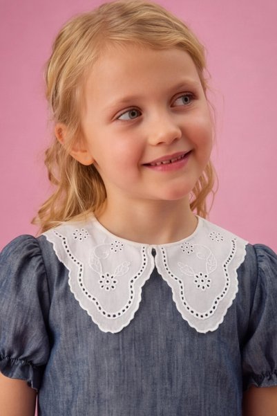 FESSHERA KİDS Girl's Cotton Linen Dress Lace Collar Hem Flower Embroidery Button Closure Elastic Sleeve Dress