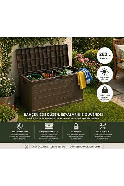 CSB STORE Büyük Bahçe Sandığı Kahverengi Balkon Teras Dış Mekan Depolama Kutusu
