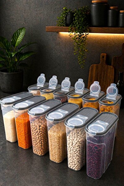 SWENCRAFT 12 ADET 4 Litre Erzak Bakliyat Saklama Kabı Kiler Box 12 'li Set Lüks Şık Kutu Gri