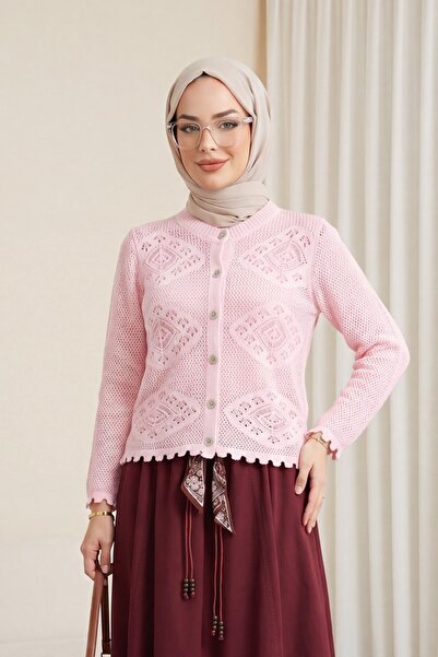 Modamorfo Geometric Patterned Openwork Buttoned Knitwear Cardigan - Powder Pink