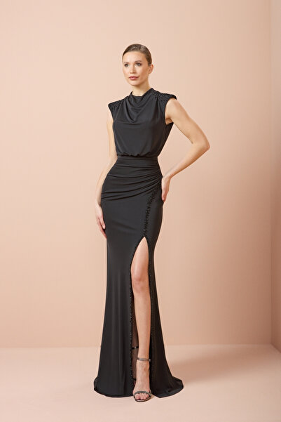 AYSHA BOUTIQUE Drapeli Yaka Taş İşlemeli Yırtmaçlı Uzun Abiye Elbise