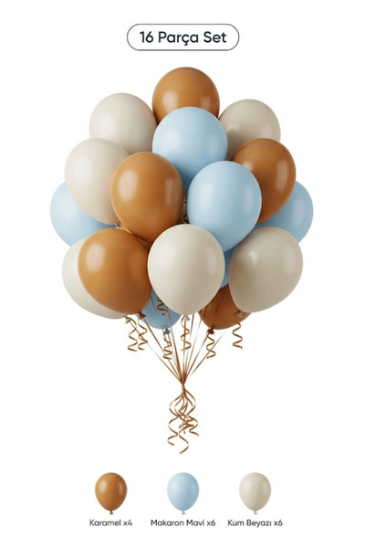 BALOMİS Makaron Mavi Karamel Balon Seti 16 Adet Sade Doğum Günü Parti Dekoras...