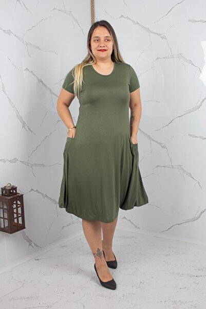 Truva XXL Pocketed Khaki Green Viscose Dress Casual Daily Wear