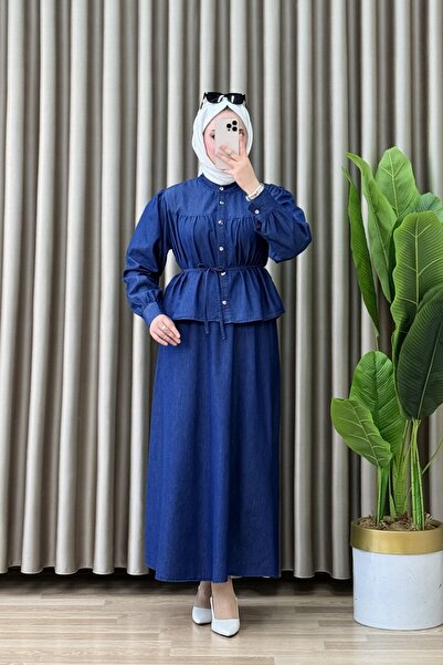 ALYA İrem Etekli Takım Kot Koyu Mavi Kemerli ve Düğmeli Etekli İkli Takım