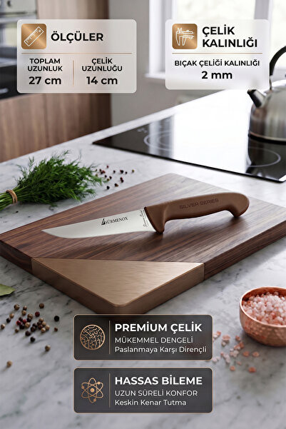 SÜRMENOX Sürmene Silver Serisi 3 lü Mutfak Bıçak Seti Kahve Sap Yüzme Sıyırma Kasap Et Ekmek Sebze Bıçağı HDx-104