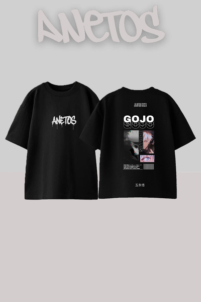 Anetos Μπλουζάκι Gojo Satoru 2 με στάμπα στην πλάτη, βαμβακερό, μαύρο, oversize