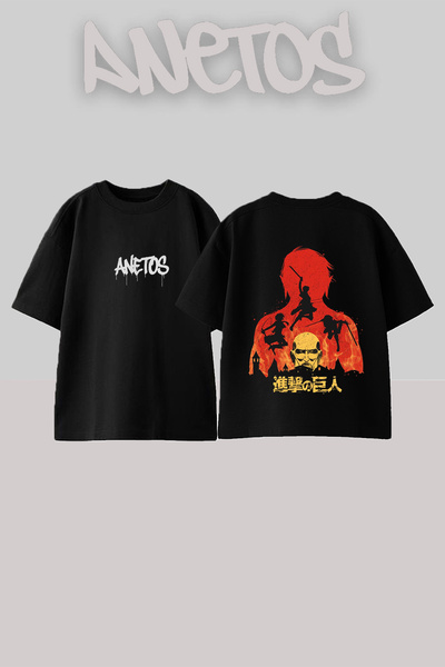 Anetos Tricou oversize negru din bumbac cu imprimeu pe spate Attack Titan 1 D...