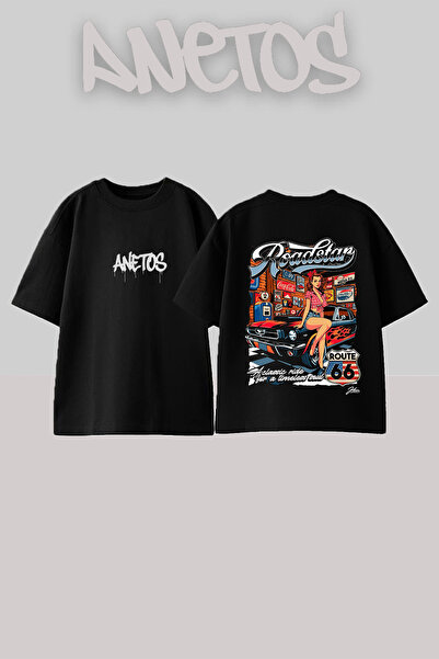 Anetos Μπλουζάκι Roadside Pinup με στάμπα στην πλάτη, βαμβακερό, μαύρο, overs...