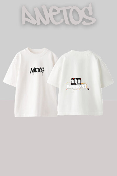 Anetos تي شيرت The Weeknd 1 Design مطبوع على الظهر من القطن الأبيض مقاس كبير