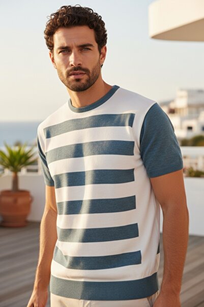 Mandala Tekstil Sıfır Yaka İki Renkli Çizgili Yazlık Erkek Triko Tshirt
