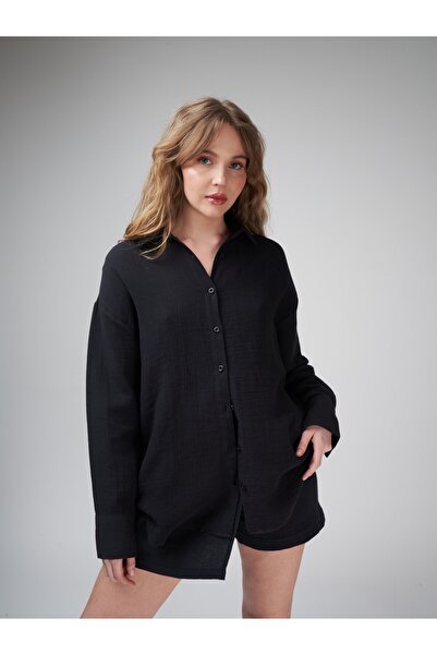 citycenterfashion Collared Buttoned Pocketless Muslin Long Sleeve Shirt Cty-A...