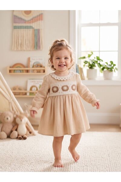 Cherrys Bebek Vintage Collar Knitted Embroidered Muslin Baby Dress