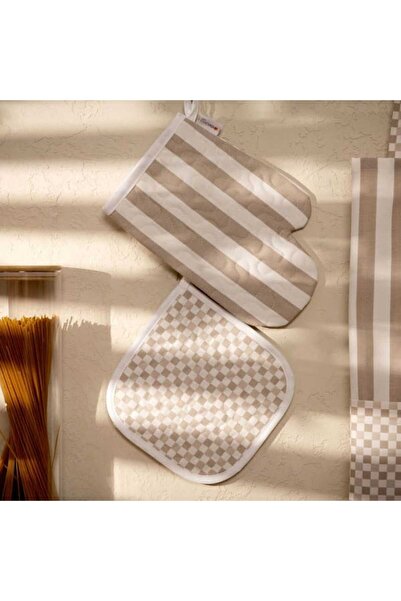 Evidea Soft Riga Fırın Eldiveni ve Tutaç Set - Bej / Ekru - 17x28 cm + 20x20 cm