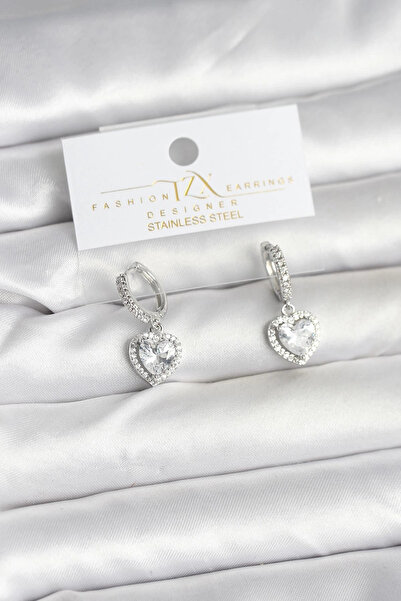 özssa Brass Silver Color Zircon Stone Heart Model Women's Earrings