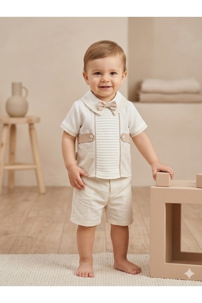 Bebezade Baby Boy Bow Tie Linen Shorts Set Birthday and Wedding Stylish Suit