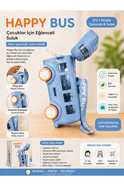 Selvira Otobüs Şeklinde Çocuk Suluğu 500 ml – Pipetli, Sızdırmaz Kapaklı, BPA...