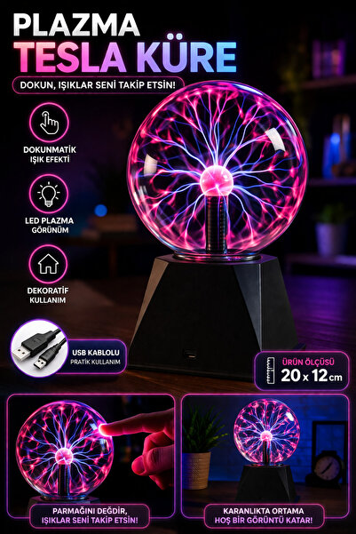 Tamsena Store USB’li Plazma Tesla Küre 20x12 cm – Dokunmatik Işık Efektli, De...