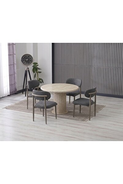 JoyMassa LİNA BOHEM 90x90 TRAVERTEN YUVARLAK MASA & 4 POLO SANDALYE SETİ